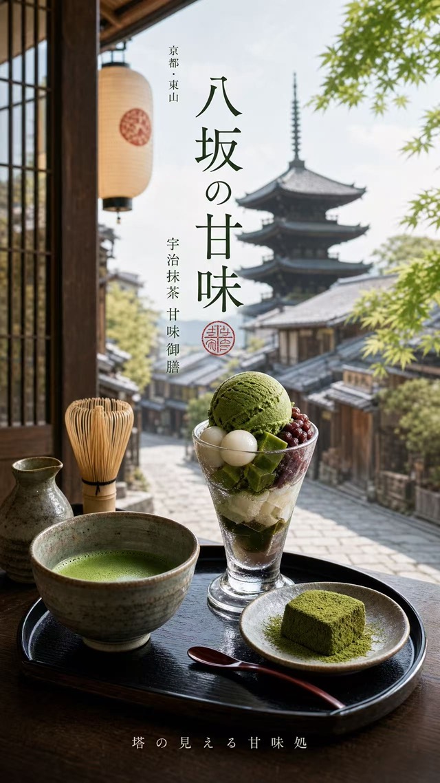 AI-generated poster of a Kyoto matcha dessert set beneath the Yasaka Pagoda